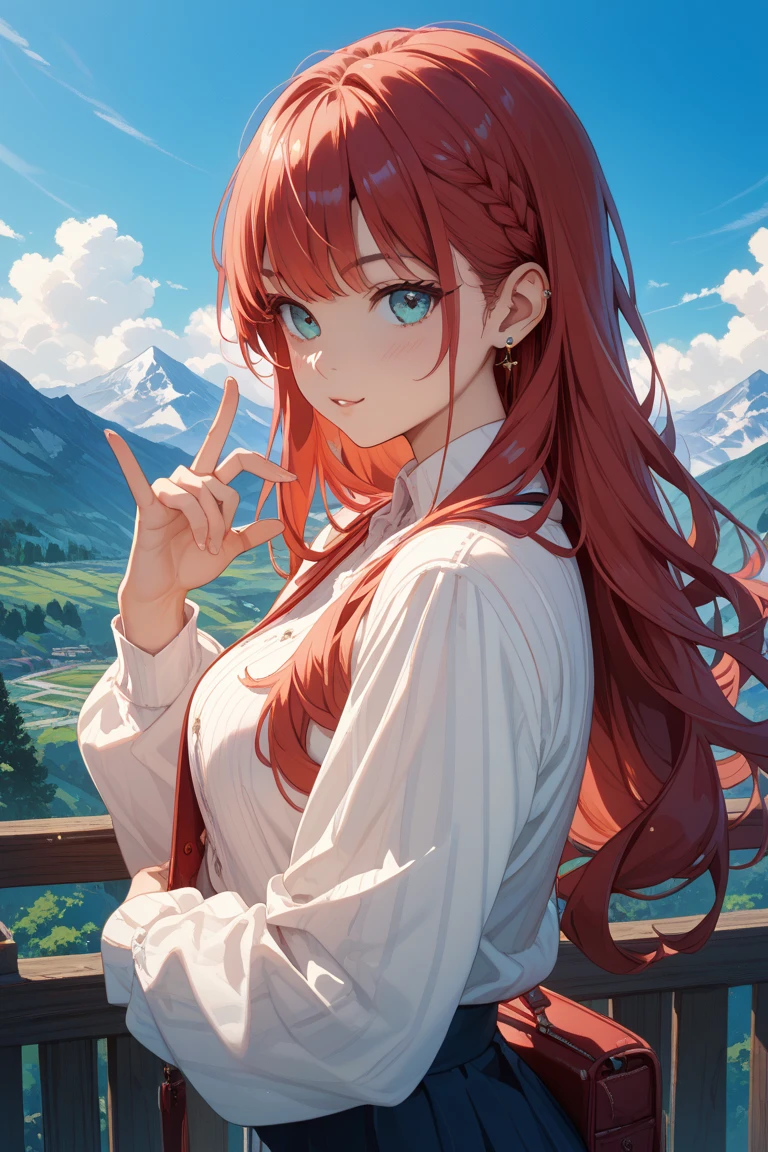 (cel anime:1.3)、(super fine illustration:1.3)、(masterpiece:1.3)、(best quality:1.3)、ultra detailed、High resolution、(depth of fields)、(Detailed eye)、(detailed facial features)、(Detailed fingers)、(detailed clothes features)、HDR、8K、skin tightening、(shinny skin)、landscapes、lovely、(upper body)、(dynamic composition)、(spread arms, hands outside frame)、1 woman、Japanese、23 years old、(Blue eyes)、(light red hair)、(semi long hair)、(oni little black horns)、hair blowing in wind、Looking away、(Happy smile)、(t-shirt:1.4)、(white panties:1.4)、white teeth、Shine with colored light、(Fairy-tale japanese castle perched on a misty hilltop)、