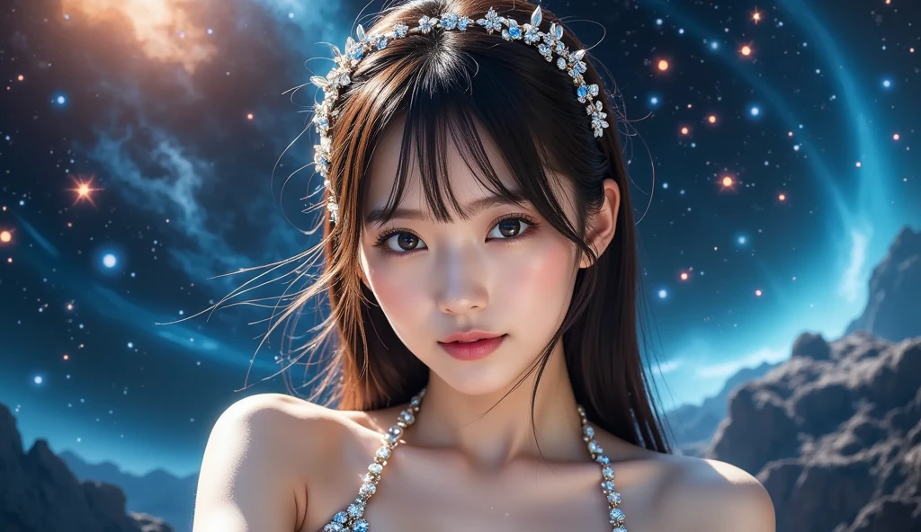 Heavenly Woman Cosplay、Clearly a beauty、smile、upper body up、Beautiful night sky in the background、It's night outside