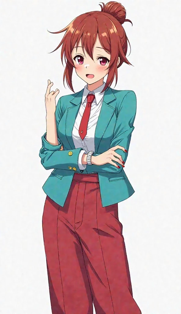 Japanese anime adolescent woman with reddish brown hair, With a hairstyle tied up in a high bun. She has some loose locks on the front that frame her face. The hair is straight and has a casual but well-groomed style and intense magenta eyes and red nails, and she wears a white watch on her left arm and wears a turquoise blue blazer with gold buttons, the blazer is open and underneath she wears a white button shirt with a red tie., combined with wide pants made of bright red leather. She wears an intense blue pleated skirt and she also wears shiny black leather shoes with laces and a white background and full body and her slightly squinted eyes and a slight happy and flushed smile and an open mouth, cheeks and hentai style