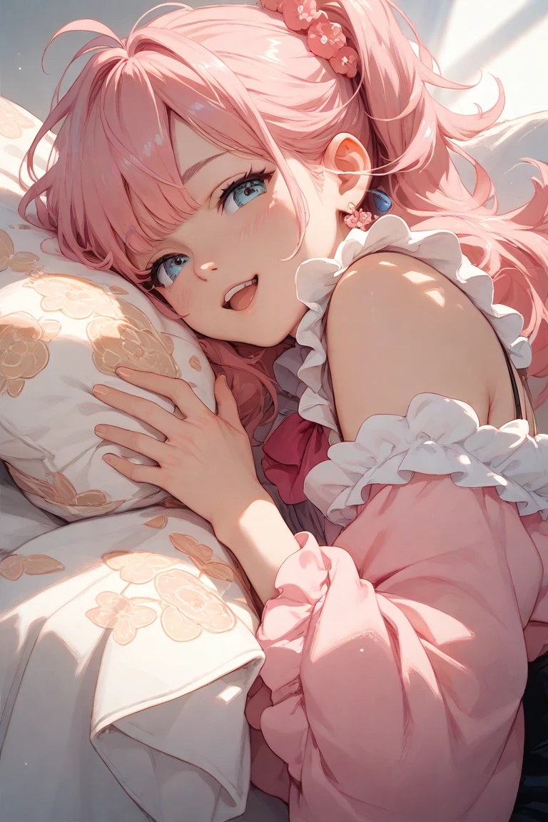 (One transcendent beautiful girl)、manaka komaki、ultra-detailed、(8K, RAW photo, best quality, masterpiece:1.2), (extremely detailed 8K wallpaper),professional lighting,sharp focus, depth of field、(((Detailed and accurate face))),(((head shot)))、nfws,((Pink short bob、Fluffy curly hairy、Rainbow colored inner curl hair))、((Highest quality)), ((masterpiece)), ((Perfect Face))、(((masturbation、Hands on crotch))),((Just before climax、orgasm、Blushed、Ecstasy face、Ahegao))、(((Close your eyes tightly、Keep your mouth shut and keep quiet)))、pillow