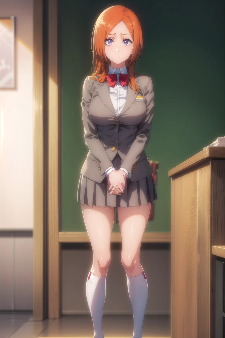 (((Standing posture)))、((Shiny underwear)))、Uniform Blazer、Beautiful beauty、Long Orange Hair、((whole body))、(((Photo taken from below)))、School、classroom、Large Breastini skirt、Panties are black、Japanese、expensive、Long limbs、18-year-old、Orihime Inoue、A beautiful nose like a model、Please put your hands on your hips、Natural smile、Sexy pose