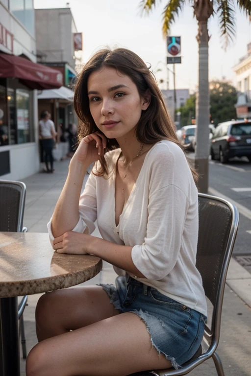(in 8K, Raw-Photo, best quality, ​masterpiece:1.2), 1 girls , 20yo, 3/4 body, a beauty, asian, japanese mix, Balkans ancestry, slim normal body, caramel layered hair color, long silky hair hair, (wavy hair),(Show your teeth and smile), looking at viewer, blazers, tucked in shirts, ripped skinny jeans, office outfit, professional look, (beads necklace:1.2), ((The highest quality, 16 k, masterpiece: 1.3)), Biologically Correct Human, reference, detailed faces, detailed lips, detailed eyes, glittering eyes, realistic pupils, brown pupils, outdoor, siting, elegance, at the coffee shop, light on the face, golden hours, ambience light, backlight, summer, people in the background watching, cinematic look, deep depths of field, blurry background