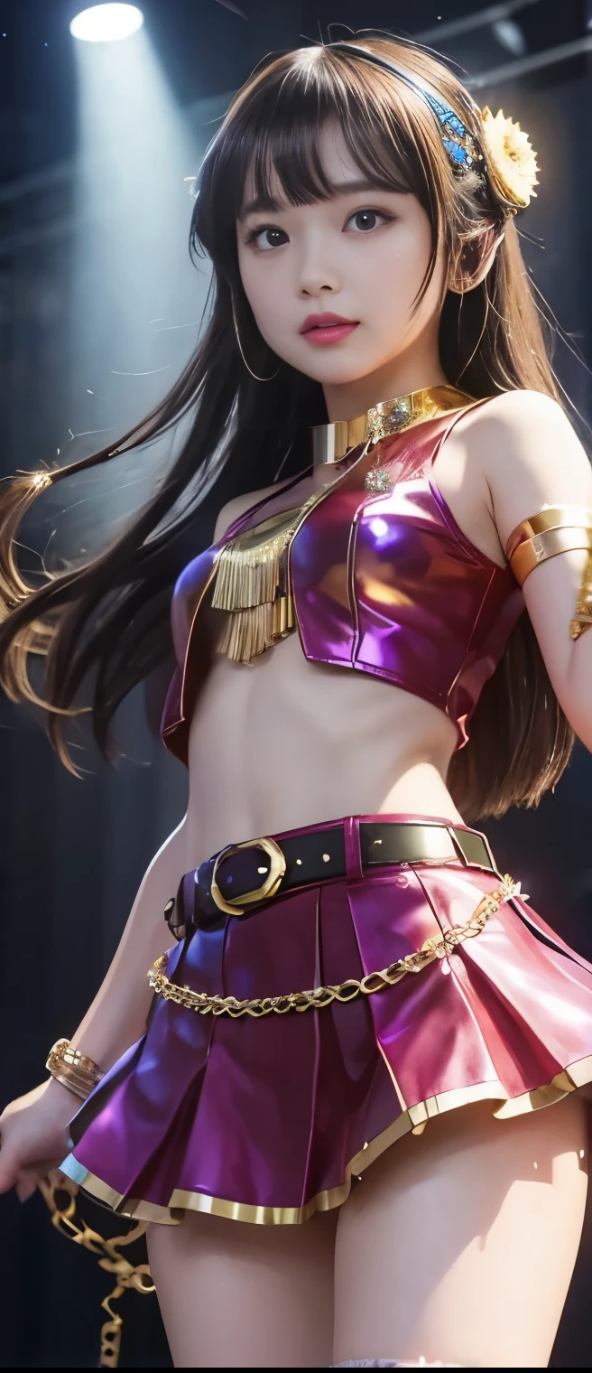 pure idol girl、A pure girl's face、 hypo、gold sequin fringed miniskirt、elegant belt、Glowing Thunder Chain、Resplendent Night Factory