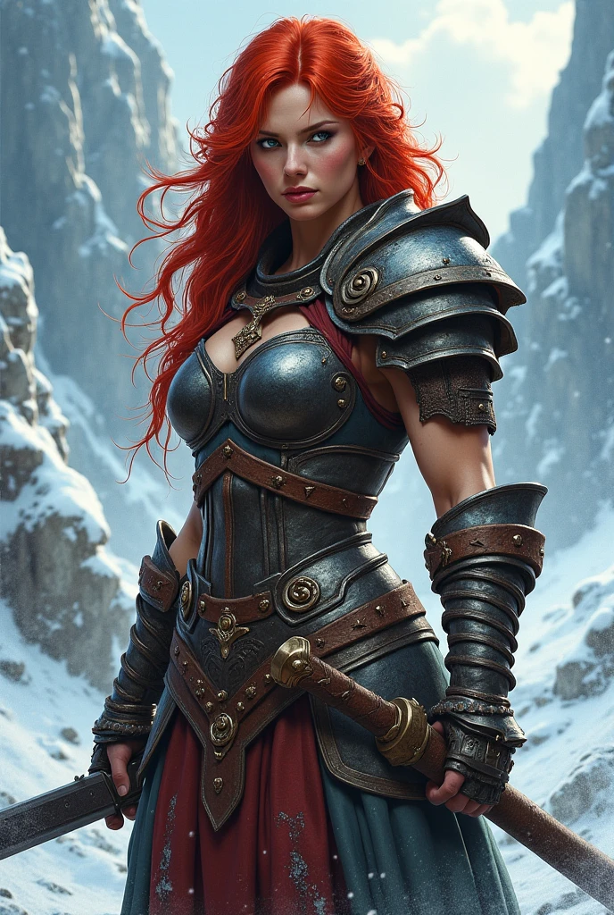 Skyrim, Aela The Huntress with long red hair braided, (Corset), small breasts, ((cleavage)), beautiful face, young body, ((slim athletic body)), standing in a snowy field, holding a bow, winter landscape, dramatic lighting, detailed facial features, intricate armor details, volumetric snow, glowing magical runes, cinematic composition, mist, cold atmosphere, photorealistic, 8k, highly detailed, masterpiece,((Viking face paint)), ((beautiful detailed eyes)), ((beautiful detailed lip)),