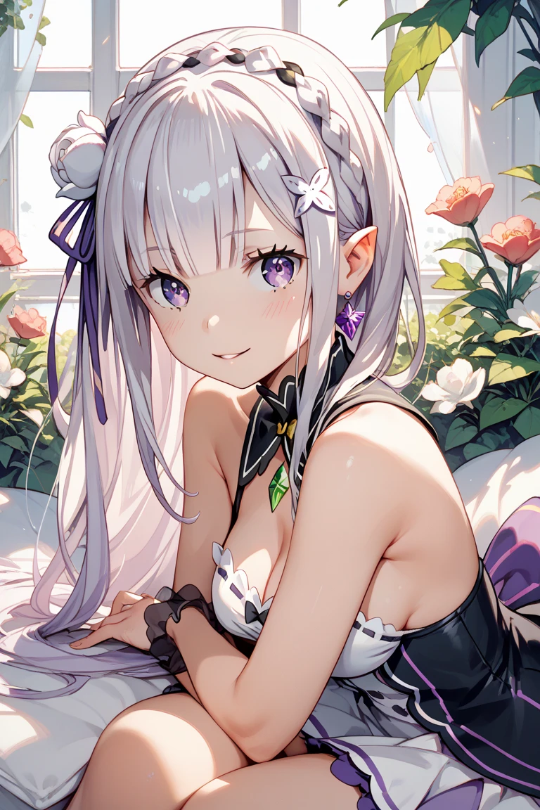 Silver hair, pink eyes, body, cat ears, sexy girl, earrings, sky background fantasy, princess, godly, hair bows, happy face, pink dress