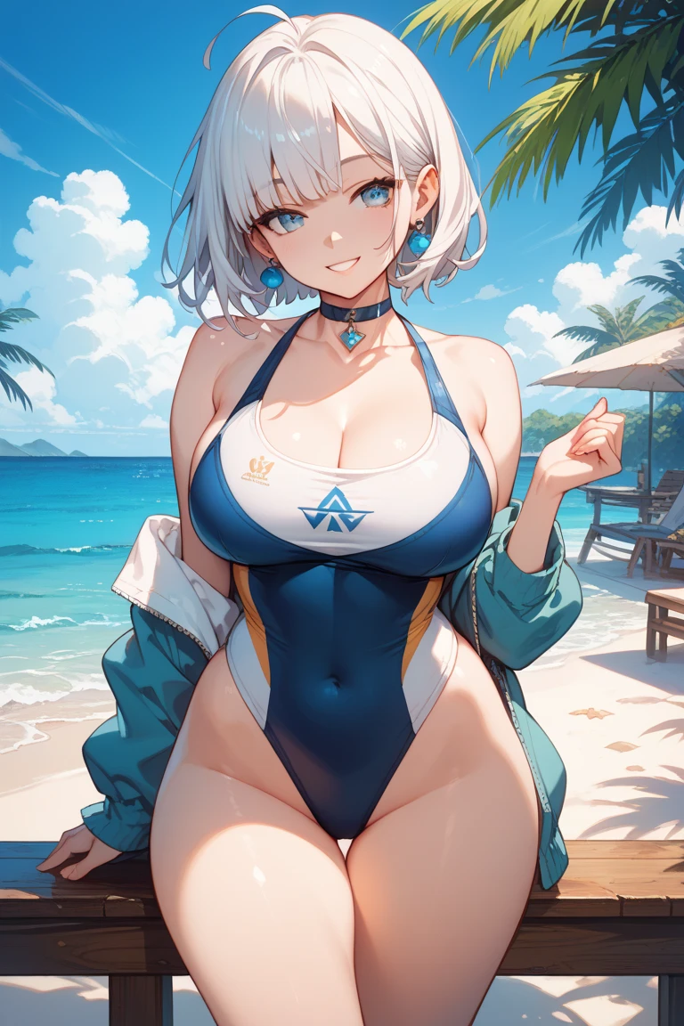 1girls, bikini, white bikini, blue trim, neon trim, sneakers, shoes, tech, scuence-fiction, futuristic, machinery, smile, tongue out, tongue, blonde hair, very short hair, short hair, boyish, tomboy, blue eyes, breasts, large breasts, wide hips, smirk, smug