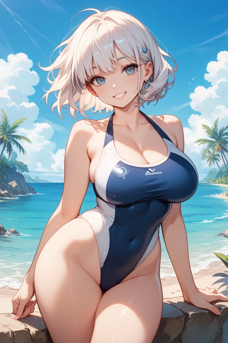 1girl,(perfect anatomy:1.4), areola slip, arms behind back, curly hair, beach, bikini, black eyes, blue sky, breasts, cleavage, covered , curvy,red lipstick,(milf),seductive smile,sexy:, day, (medium breasts:1.4), lips, looking at viewer, micro bikini, navel, ocean, outdoors, parted lips, sitting, skindentation, sky, solo, swimsuit, thick thighs, thighhighs, thighs, short hair, wet,( white bikini:1.2), white hair, white thighhighs,realistic, (shiny skin:1.2),(masterpiece:1.4),(best quality:1.4),(shiny skin),realistic , pureerosface_v1