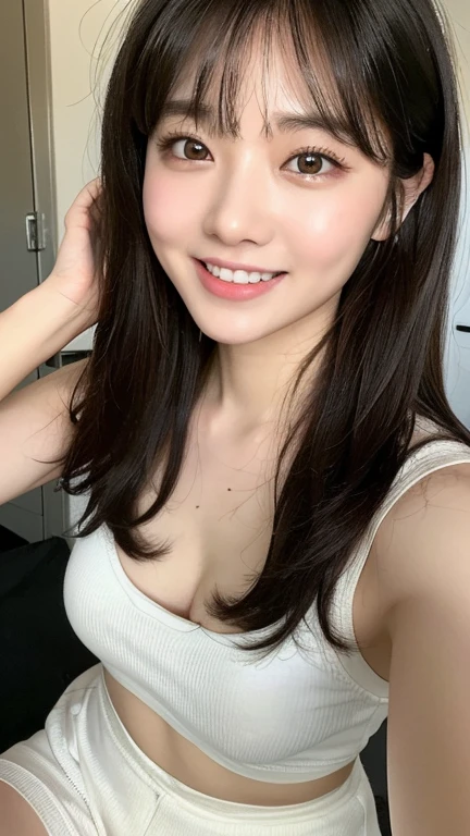 (Genuine, High resolution:1.3), One girl with perfect body, Very beautiful face and eyes,Long Hair, Random Style:1.2, Short jeans, Big Breasts,smile