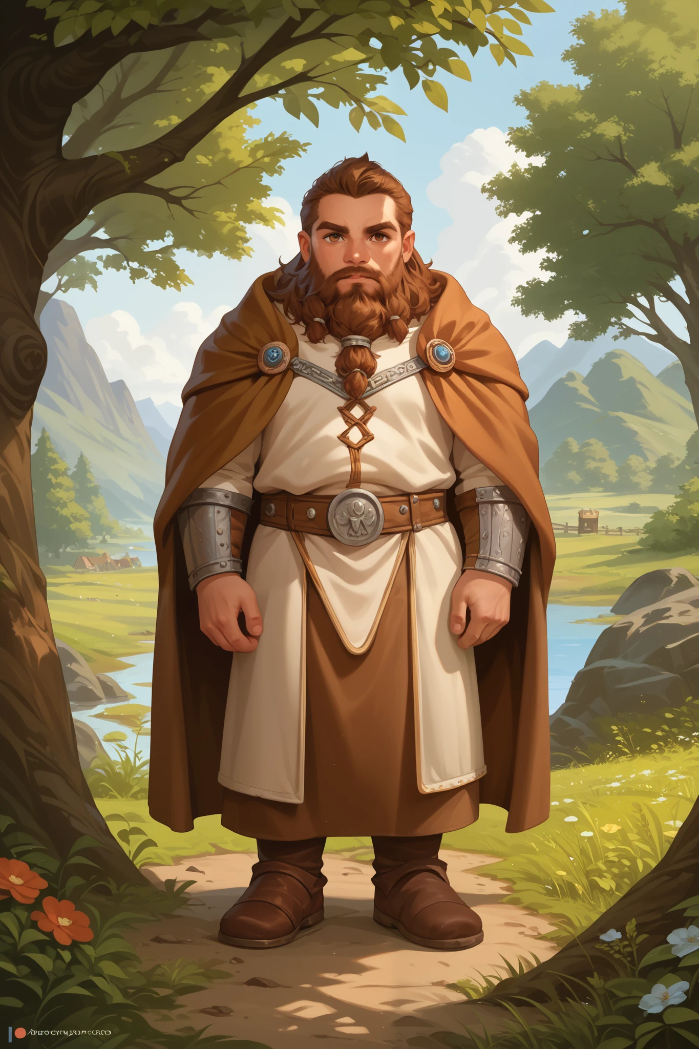 (Masterpiece, absurdres, topquality, mj manga) 1boy, solo, maturemale, youthful look, lean body, very short, dwarf, stout, brown eyes, brown hair, short hair, very long beard, brown dwarf outfit, kingdom, nice scenery, trees, looking at viewer,