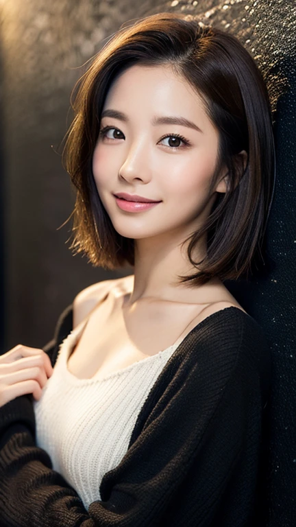 Create a (( mid-shot )) photorealistic image of a beautiful Asian woman with fair, smooth, flawless skin. She has large, round, sparkling eyes with naturally long and curled eyelashes, and well-defined, dark eyebrows. Her nose is straight and high, and her naturally pink, soft lips form a gentle smile. She has short, slightly curled brown hair that highlights her delicate facial features. Her face is oval-shaped, with a wide and high forehead, moderately high cheekbones, and a pointed, slender chin. She ((dark black fabric bra and biker jacket)),(
