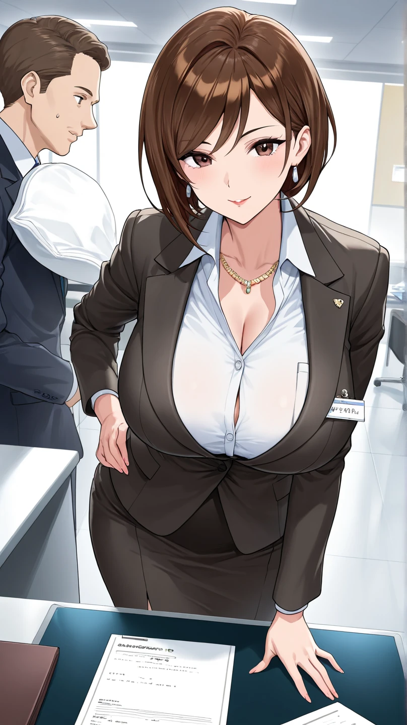 ((sfw:1.5)), ((ultra high resolution:1.3, 8K RAW photo, photo realistics:1.37, thin outline:1.37, slim outline, clear focus:1.2, sharp edge:1.2)), (best quality:1.4), (beautiful, perfect, detailed, intricate, aesthetic:1.2), cinematic shot, (wide shot:1.5), (depth of field:1.4), blurry background, bokeh, Beautiful 26-year-old matured woman, (office lady:1.2, solo:1.6), Glamorous body, Detailed face, Skin radiance, thigh focus:1.3, full body:1.5, (leaning forward to pick up a paper fallen your left side on the floor, putting your left hand on the floor, holding files in your right arm, leaning forward:1.4), (from below:1.2), ((looking away, looking at floor:1.37)), (perfect face, detailed face, eyeliner, glossy lips), weak smiling, (large breasts, sagging breasts, big tits, narrow waist, large hip, plump thighs), ((business jacket, wearing navyblue business suits:1.37, white collared shirts:1.1, short pencil skirts, pantyhose, high heels)), (with gold accessories, earrings, bracelets), (skindentation), indoors:0.0, dark chestnut hair, medium short hair, half updo, ((hair over one eye:1.37, curly hair:1.5, wavy hair:1.5, shiny)), Beautiful matured girl, milf:1.2, (fine detailed beautiful eyes), beautiful character, stylish illustration, ((correct anatomy:1.5, correct hand:1.3)), center images,