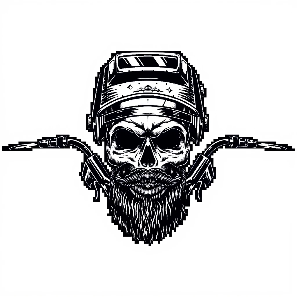 Skull with motorcycle helmet, with beard, vector drawing in black color and white background
