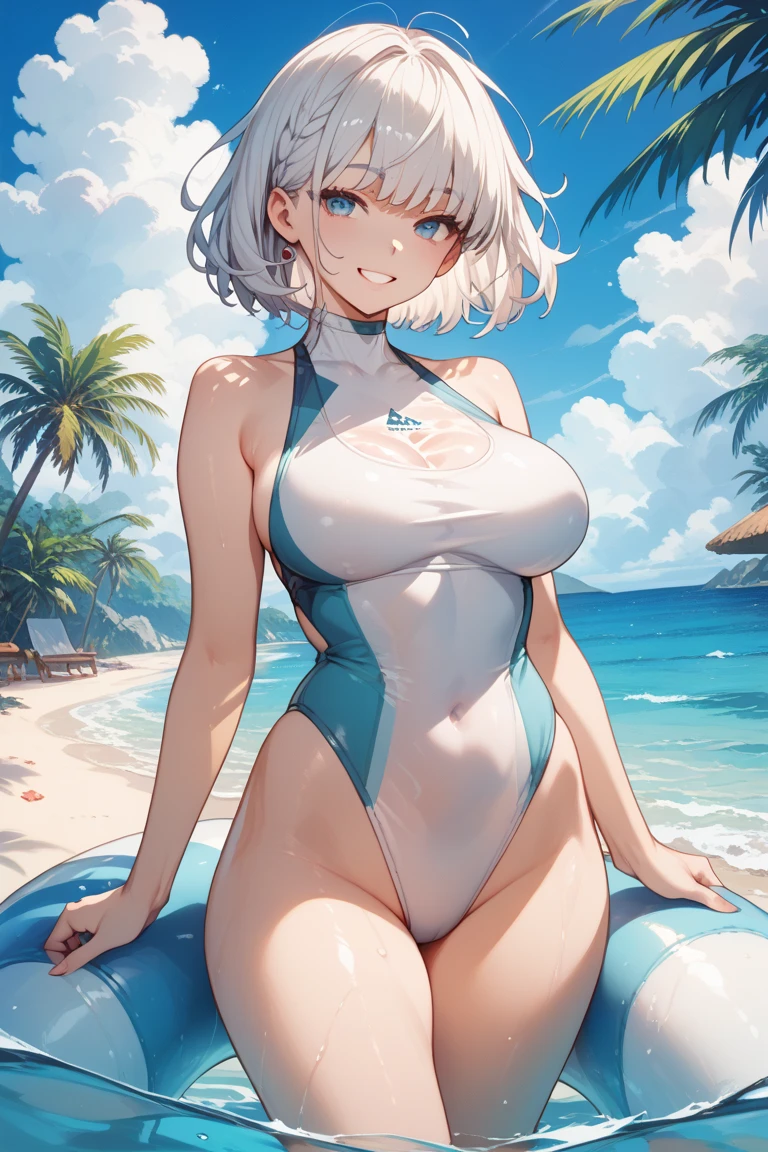 Highest quality, Highest quality, High quality illustrations, masterpiece, Ultra-high resolution, Detailed Background, Absurd, Perfect Anatomy, performance, Good lighting, Shadows in the movies, ganyu \(genshin impact\), Purple eyes, long hair, light blue hair, long ponytail, Brownish horns, alternate costume, wetsuit, covered arms and covered legs wetsuit, wetsuit with zipper, open closure to the breasts showing her bikini, white striped bikini, clothed breasts, wet clothes, wetlook, shiny wet, bewitching thighs, gleaming, shiny skin, beautiful legs, Happy look, blushing, lying down, view from below, hands up, ocean view, beach, Sun in the distance, flashes of light