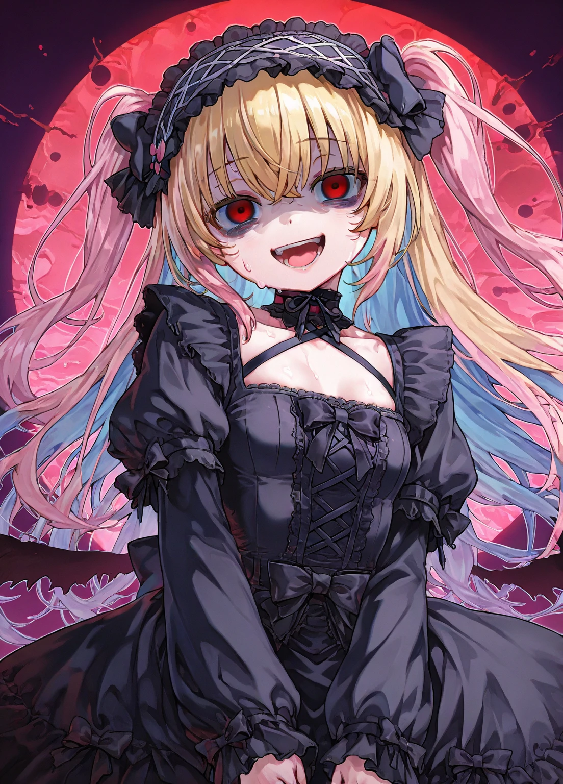(absurdres, best quality, highly detailed:1.2), a cute gothic plushie of a standing woman with blonde hair and bangs, gothic, wearing frilly gothic dress, anime, (chibi:1.2), red eyes, by Ilya Kuvshinov
