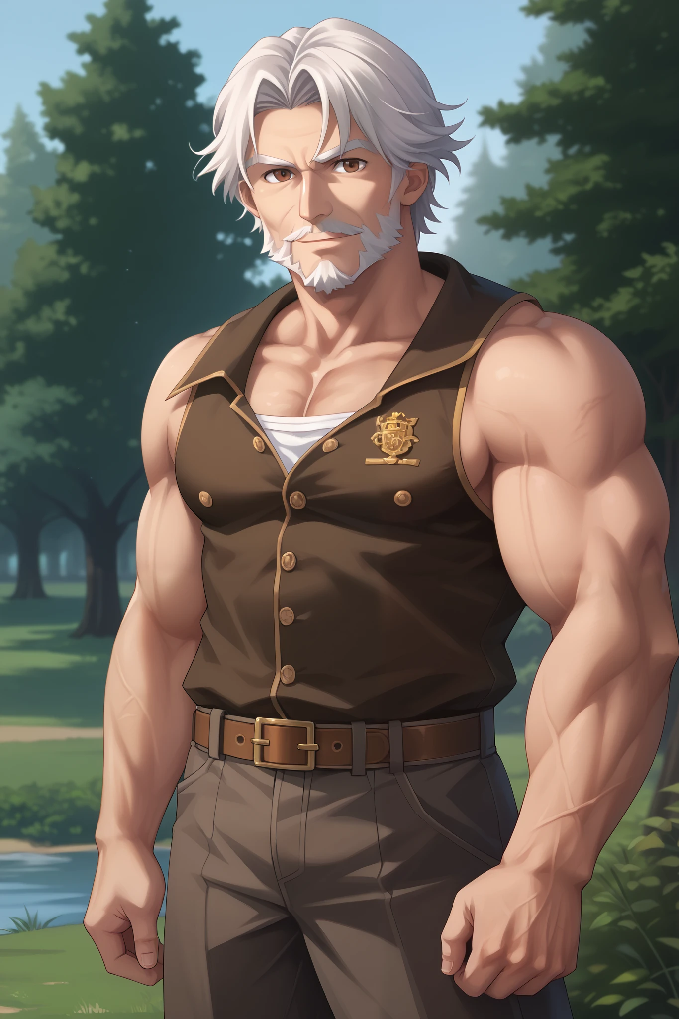 (Masterpiece, absurdres, topquality, mj manga) 1boy, solo, maturemale, old age, old man, wrinkly, muscular, very tall, giant, broad shoulder, pecs, big arms, brown eyes, white hair, short hair, very long beard, brown stonesmith outfit, brown belt, sleeveless, kingdom, nice scenery, trees, looking at viewer,