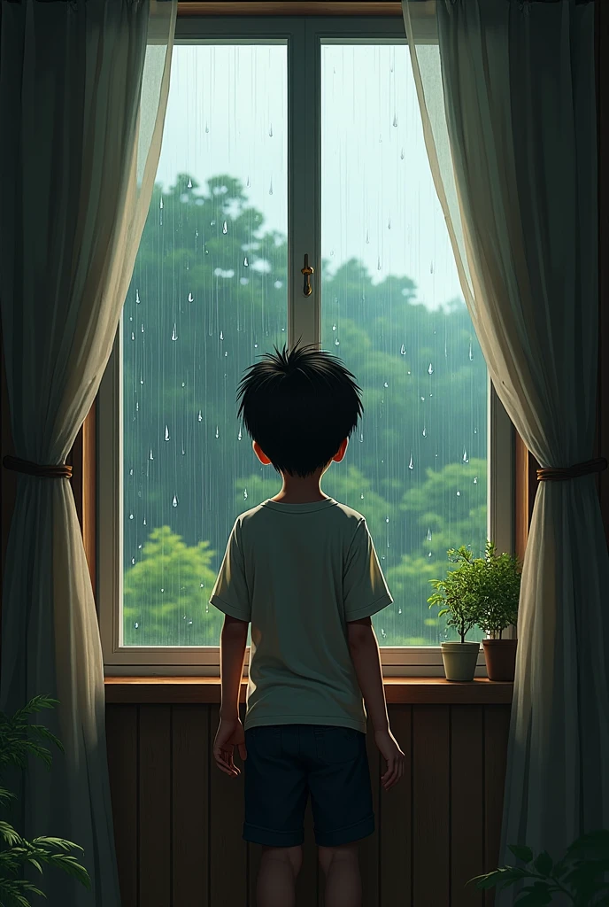 2D anime a littlebit long hair poor  small boy  who seeing out side of open  large window of house wich is made up of soil his face out side of house through window, his back side there are necessary house things are hangup  such as tv scenery shelf mini artifitial plants ect rainy day old poor vibes