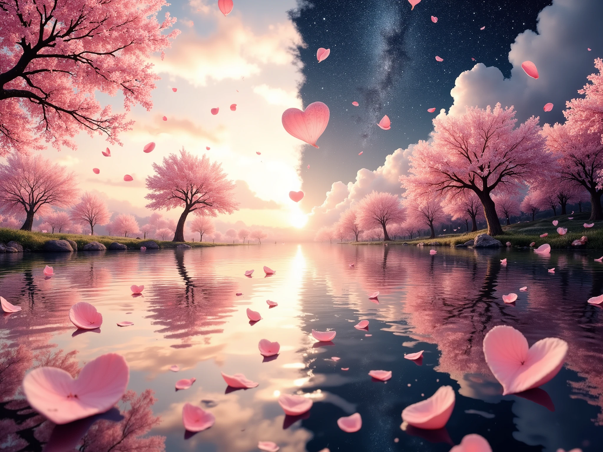 wide-angle view,symmetrical landscape divided into a left morning side and a right night side,left side features a serene morning lakeside with heart-shaped cherry blossom petals dancing in a soft breeze,sky in golden-pink gradient with gentle sunlight filtering through morning mist,petals reflected softly on calm water,right side shows a mystical night scene with cherry trees glowing under the starlit sky,heart-shaped petals drifting over dark water bathed in silver moonlight,a faint Milky Way arches above,center point blends the two times of day with a soft glowing gradient,where light and shadow merge naturally,illustrated in Fantasy style,rendered with Airbrushing,Chiaroscuro,Glazing and Ink Wash techniques,enhanced with Bloom Effect for the whole scene,Bokeh Effect at the transition point,Sun Rays illuminating the morning side,Stardust Ring twinkling in the night sky,masterpiece quality,8k resolution,hyper realistic,cinematic ambient lighting