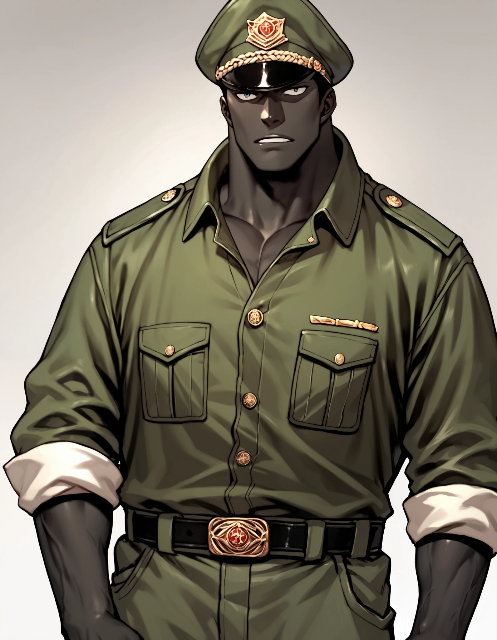 Solo, male, muscular charatcer, dressed in military outfit, outfit is white and blue, military cap, black hair, black skin, rolled up sleeves. 