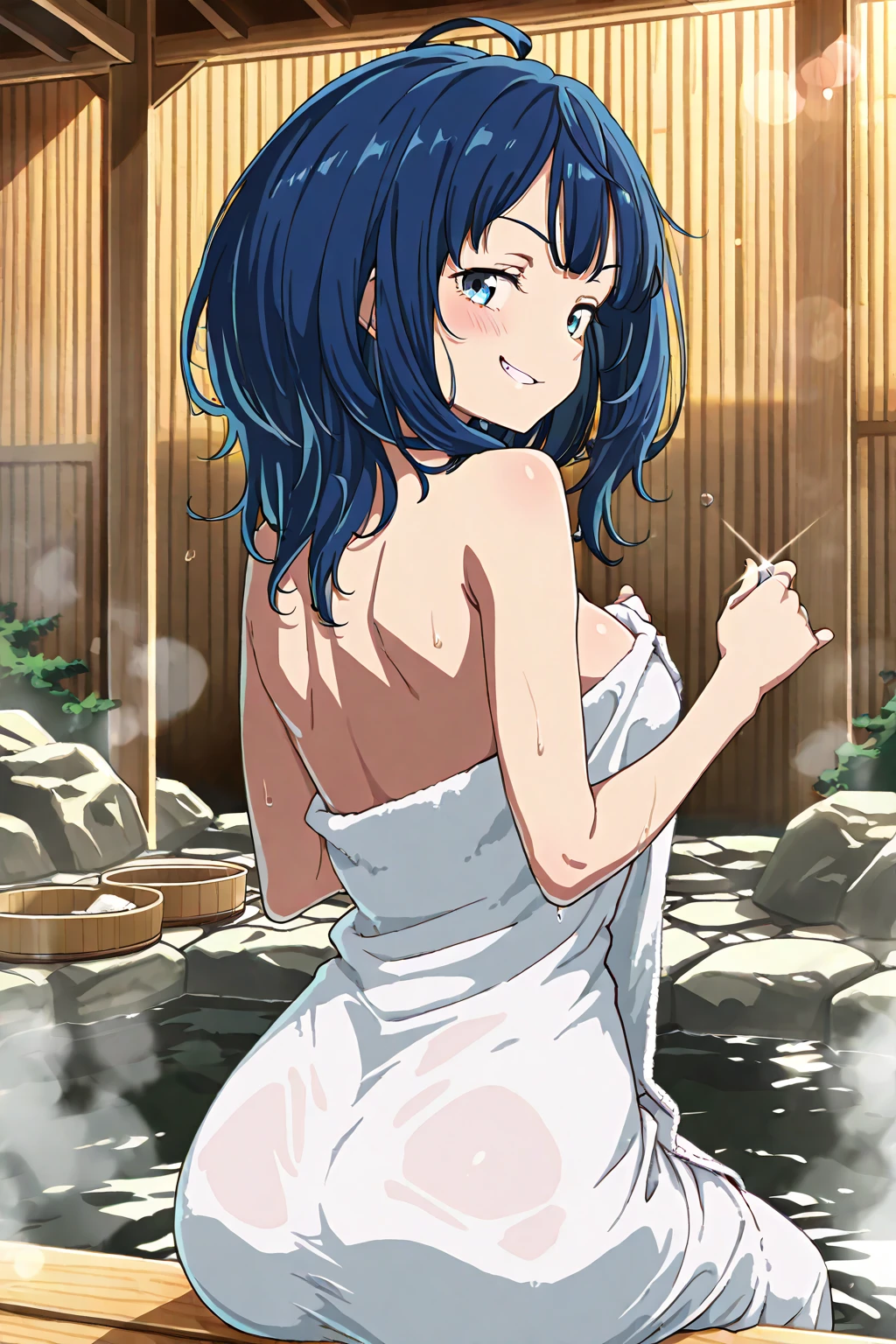 (Best Quality,hight resolution,masutepiece:1.2),Ultra-detailed,(Realistic,Photorealsiticです,Photorealsitic:1.37),Game CG,1girl in, 16yo girl, Blue hair, Straight hair、(Straight hair:1.1), (small tits:1.3), (Wearing a bath towel), Eyes and faces with detailed, Surprised face、I'm blushing, Bewitching look, Soft lighting, Full-body angle, Face washroom、large amount of water droplets、Thighs