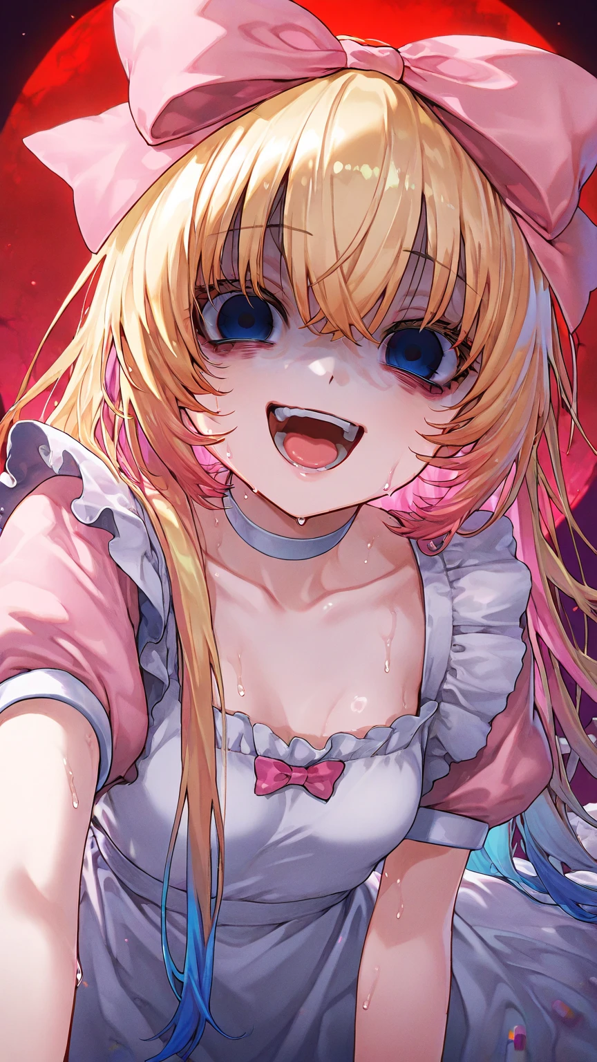 Lena Ryugu, Ryugu Rena, Orange Hair, Incredibly large, violet, crazy eyes, Eyes Wide Open,
BREAK Beret, black thighs, bow, bowtie, dress, Have, puffy short sleeve, Puffy sleeves, Holds a large machete in his right hand, white dress, zettai ryouiki, (Small breasts:1.2),Brown long boots,Bulky waste scrap storage area, Creepy Laughter, Dead Eyes,Psychopath horror、Bloodstained、Drops of blood,Spooky、murder scene, Serial killer, bathed in blood,Clothes with blood on them,BREAK has blood on his cheeks and hands... (Tabletop:1.2), Highest quality, High resolution, unity 8k wallpaper, (figure:0.8), (Beautiful attention to detail:1.6), Highly detailed face, Perfect lighting, Highly detailed CG, (Perfect hands, Perfect Anatomy), Bathed in blood in return, Fisheye Lens, Look up