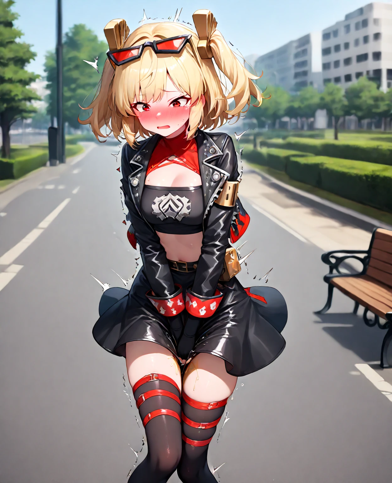 chisatonishikigi, nishikigi chisato, short hair, bangs, blonde hair, (red eyes:1.5), hair ribbon, one side up, bob cut,riders jacket,sweater,leather bread,short boots,(Motorbike harley davidson),leaning on the bike、
break outdoors, parking area,
break looking at viewer, (cowboy shot:1.5),
break (masterpiece:1.2), highest quality, High resolution, unity 8k wallpaper, (figure:0.8), (detailed and beautiful eyes:1.6), highly detailed face, perfect lighting, Very detailed CG, (perfect hands, perfect anatomy),