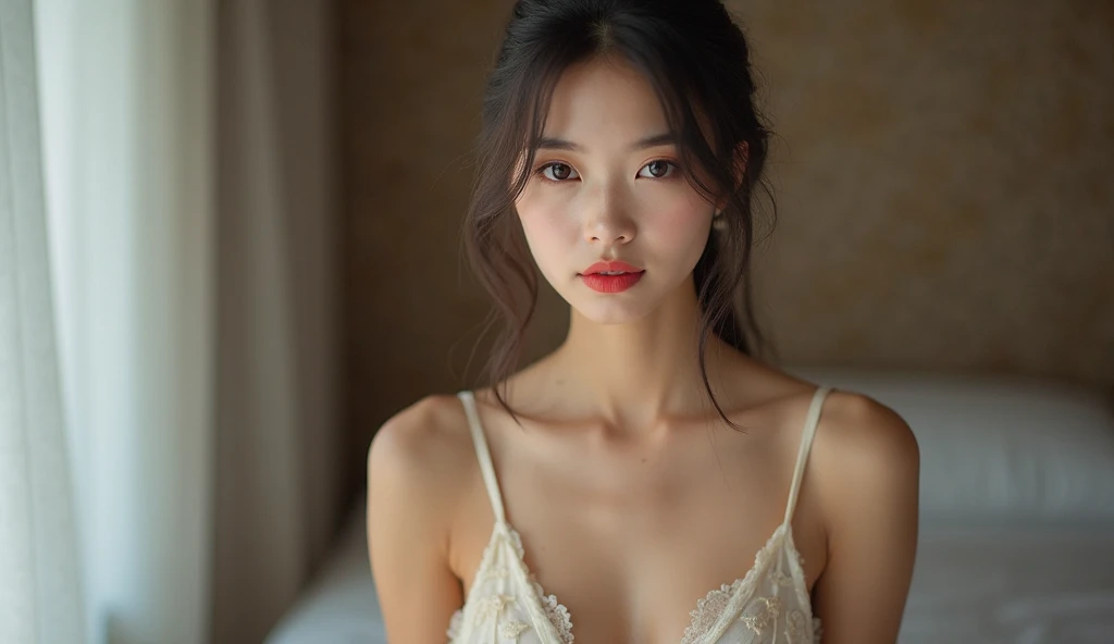 Create a (((mid-shot))) photorealistic image of a beautiful Asian woman with fair, smooth, flawless skin. She has large, round, sparkling eyes with naturally long and curled eyelashes, and well-defined, dark eyebrows. Her nose is straight and high, and her naturally pink, soft lips form a gentle smile. She has short, slightly curled brown hair that highlights her delicate facial features. Her face is oval-shaped, with a wide and high forehead, moderately high cheekbones, and a pointed, slender chin. She is wearing a light grey bra that complements her elegant and feminine appearance.