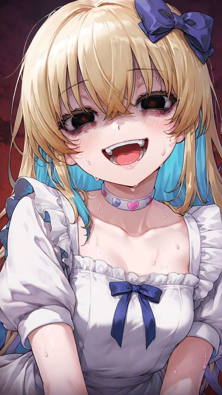 Heat After rape, eqlc, 1girl, long hair, solo, naked body, strapless dress(torn ), nipples, navel, white panties(torn),pussy, blonde hair, blue eyes, half-closed eyes, , tears, hairband, , white gloves, small breasts, flat chest, bow, black hairband, detached sleeves, bangs, mini crown, detached collar, blank face, , parted lips, Saliva, nose blush, blush, unconsciouness, in the bedroom, standing, hugging, hands covered breasts, wet body(sweat, cum), cumdrip from her pussy