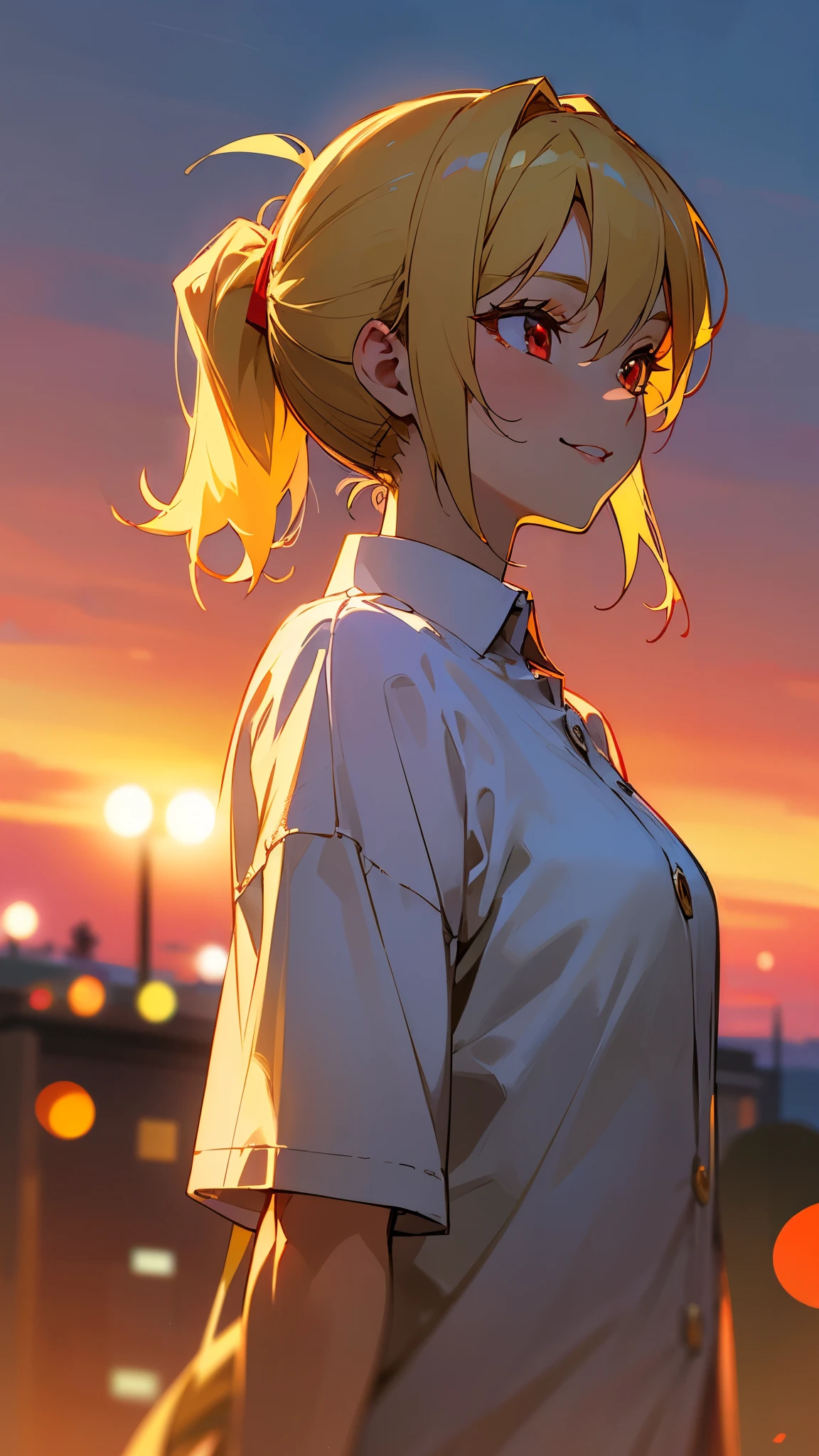 one girl、sharp focus、(Bokeh) (best quality) (Skin definition:1.3) (Detailed Details) (anime)、Age: 18、blonde ponytail、stupid hair、 beautiful red eyes 、smile、white shirt、slender body、from the side、upper body close-up、 golden hour sky
