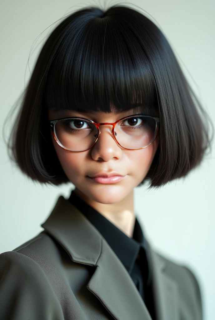 White adult woman, with dark eyes, wearing prescription glasses, com cabelo preto e curto, with eyebrow-length bangs, with red mouth and wearing a yellow t-shirt with a blue collar