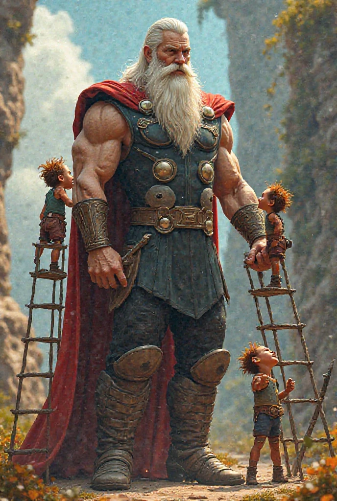 A barbaric father, immensely tall and muscular, with white hair and blue eyes with strong arms he sees his two small children fighting and with an agile and determined movement, stands between them. He lifts them with ease, one on each arm, holding them firmly, but without hurting them.