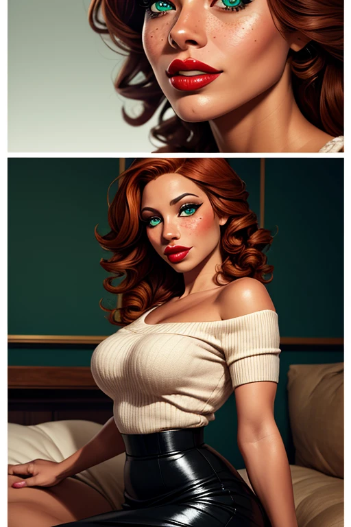 Wilma Flintstone, red hair, very red lips, raised breasts, very narrow waist:1.7, in the kitchen, whole body, follando