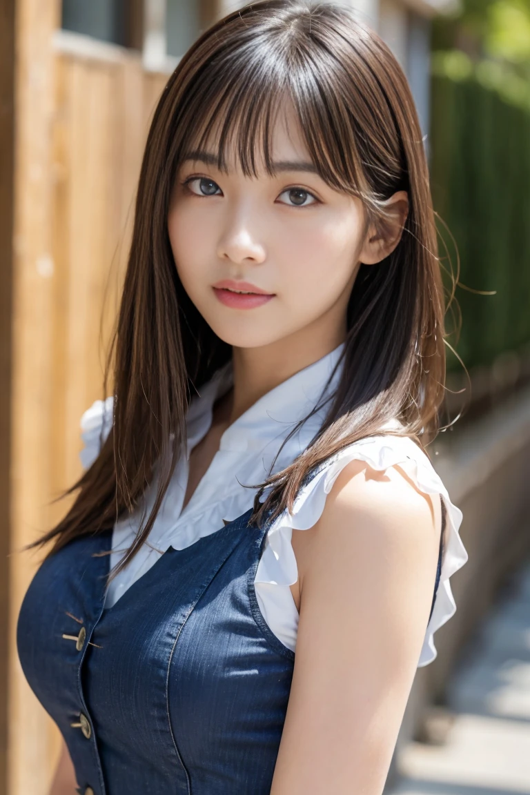 masterpiece、flat-colors、depth of fields、lens flare 1 girl、、Brown hair、watching at viewers a belt black suspenders Puffy breasts Armpit sweat perspiring Side of both hands walls: Black pants, Gaze Small face Bangs Upper Eyes Aside Cutter Shirt big breasts