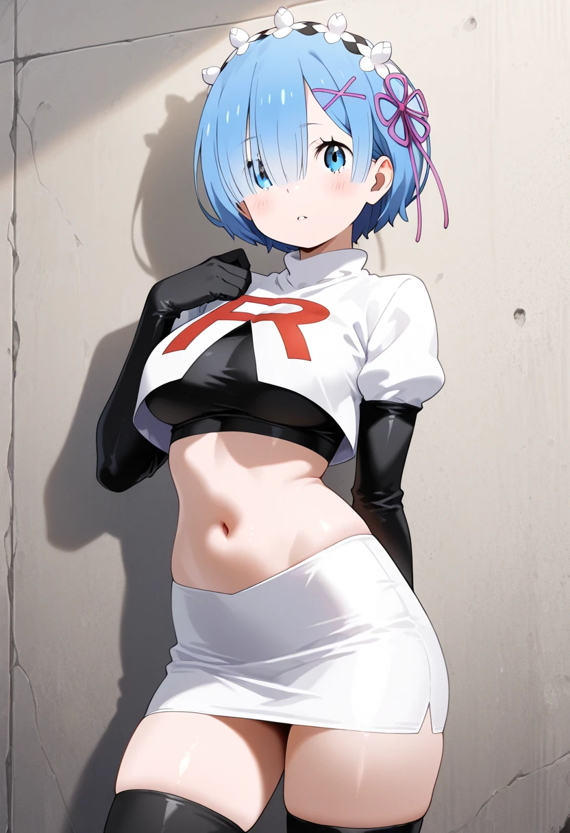 reiayanami, rei ayanami, blue hair, short hair, (red eyes:1.5), (small breast:1.2),
BREAK, headgear, team rocket,team rocket uniform,white skirt,red letter R,crop top,black thigh-highs,black elbow gloves
BREAK looking at viewer, (cowboy shot:1.5),
BREAK (masterpiece:1.2), best quality, high resolution, unity 8k wallpaper, (illustration:0.8), (beautiful detailed eyes:1.6), extremely detailed face, perfect lighting, extremely detailed CG, (perfect hands, perfect anatomy),