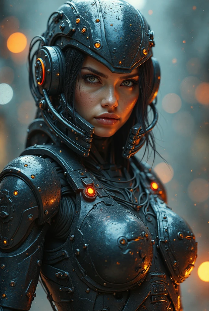 beautiful woman Chloë Grace Moretz, attacking a robot, expression of anger, (photorealistic), (high resolution 4k, 8k) apocalyptic scene, painting of Chloë Grace Moretz in high definition, cyberpunk style, post-apocalyptic, woman Chloë Grace Moretz wearing a costume with mechanical parts, a helmet with mechanical parts, transparent glass showing the hyperrealistic face, mechanical arms, large bust, defined body, defined field, nffsw,(sharp focus, realistic)(maximum quality),((best quality: 1.5) ,((masterpiece: 0.8)) intricate details, full body picture,