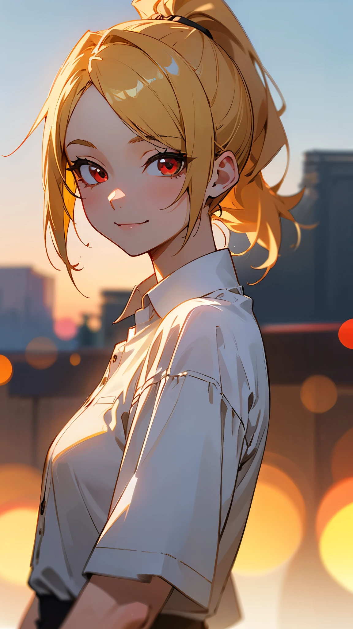 one girl、sharp focus、(Bokeh) (best quality) (Skin definition:1.3) (Detailed Details) (anime)、Age: 18、blonde ponytail、stupid hair、 beautiful red eyes 、smile、white shirt、slender body、from the side、upper body close-up、 golden hour sky