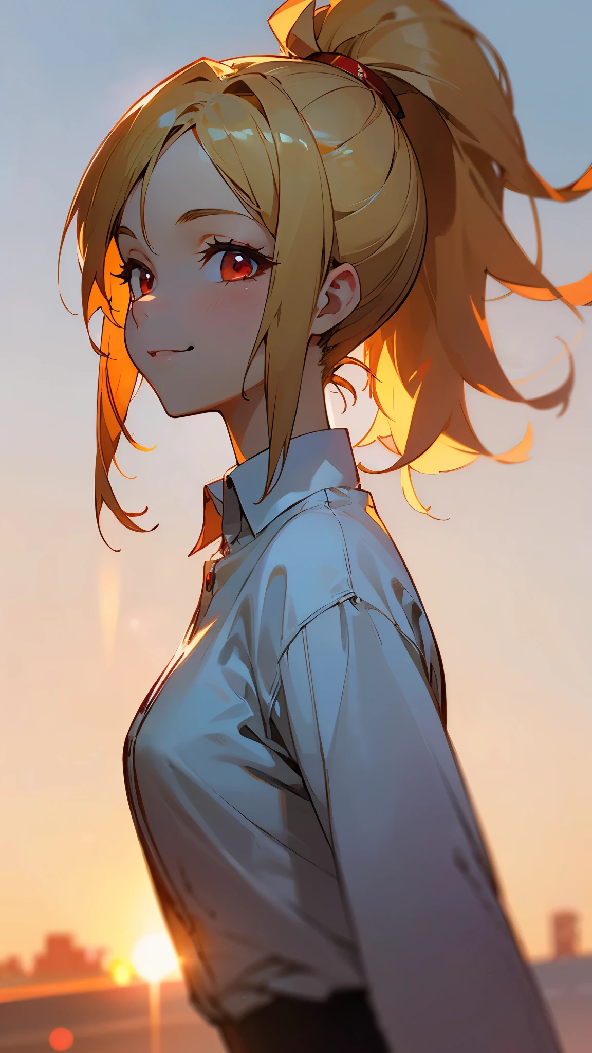 one girl、sharp focus、(Bokeh) (best quality) (Skin definition:1.3) (Detailed Details) (anime)、Age: 18、blonde ponytail、stupid hair、 beautiful red eyes 、smile、white shirt、slender body、from the side、upper body close-up、 golden hour sky
