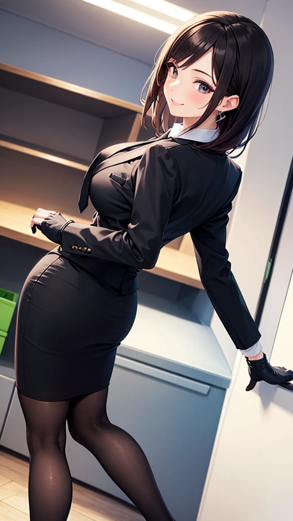 there is a woman in a short black dress walking down a hallway, wearing a formal suit, in a strict suit, in strict suit, (sfw) safe for work, in the office, thigh and skirt, office clothes, girl in suit, wearing tight suit, looking from behind, tight costume, wearing headmistress uniform, ready for a meeting, can see your red panty