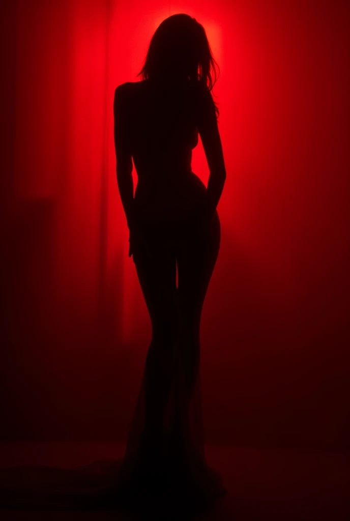A woman undressing in front of a window inside a red-lit hotel room.