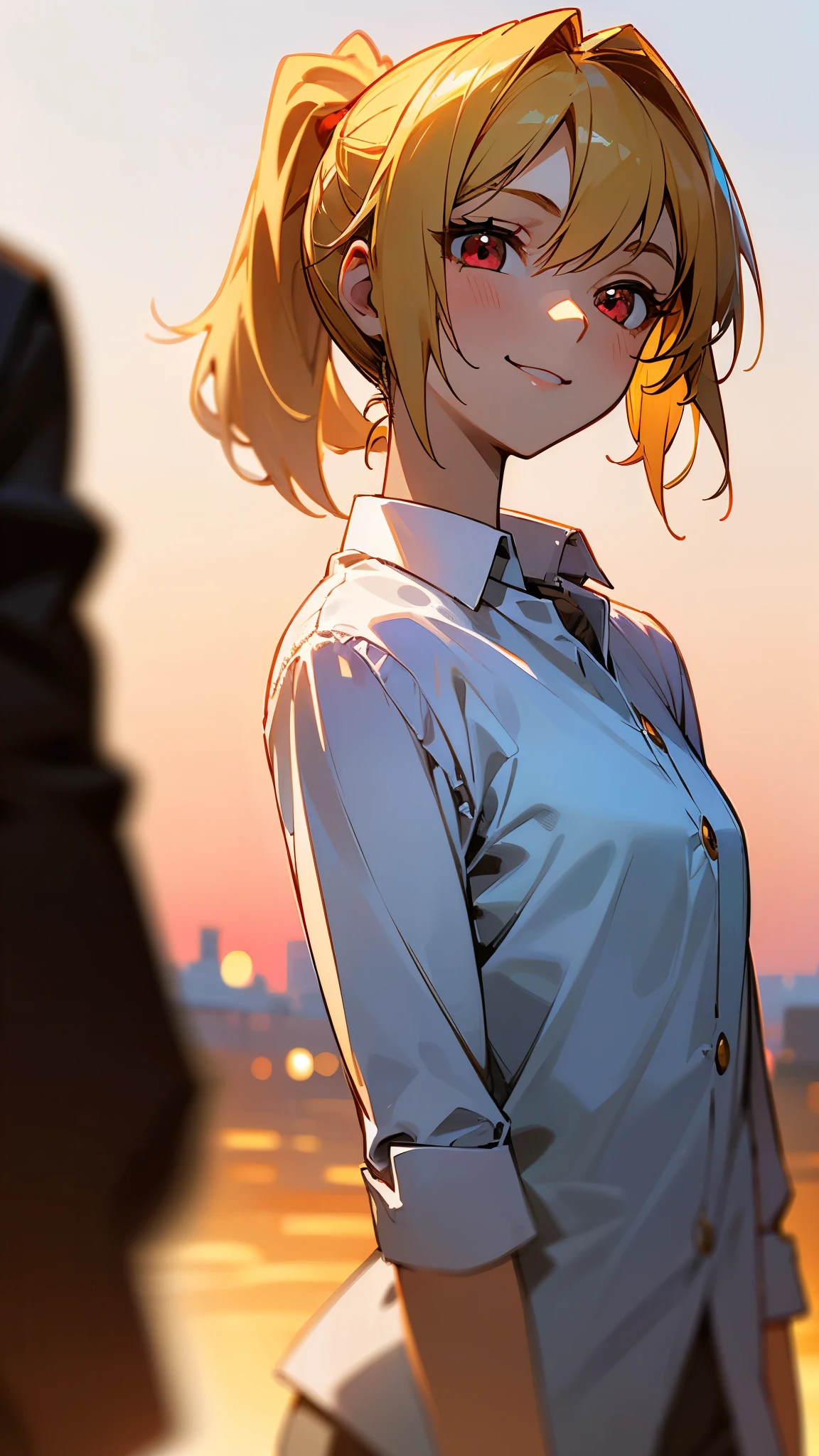 one girl、sharp focus、(Bokeh) (best quality) (Skin definition:1.3) (Detailed Details) (anime)、Age: 18、blonde ponytail、stupid hair、 beautiful red eyes 、smile、white shirt、slender body、from the side、upper body close-up、 golden hour sky