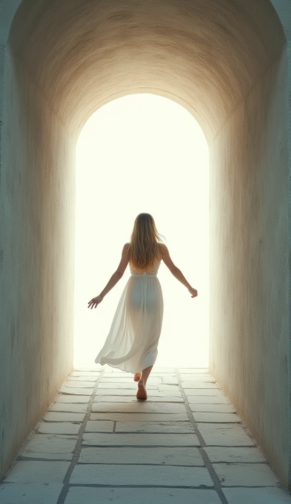 (viewed from behind, below)photo of a 60 years old GILF, long flowing blonde hair, bangs. walking away, walking up stairs(overlayed multiple exposure of her climbing stairs), looking back over shoulder(3/4 turn), seductive look on face. in an enticing revealing sheer lowcut white full length nightgown(light outlining her silhouette intricately:0.9), No Bra, floppy, saggy breast, dramatic lighting, sexy, colorful , masterpieces, (angelic, mystical, surreal:1.0), illustrated, detailed face, Medium breast. tight body. Detailed face, Detailed Hands, Detailed legs, Prioritize authenticity by meticulously replicating textures, colors. meticulous attention to subtle nuances, such as reflections, highlights, and shadows, a level of realism that transcends the boundaries of digital representation, evoke a visceral sense of believability. the finest intricacies, from minute surface imperfections to the play of light, to achieve a result that captivates viewers and blurs the distinction between the generated image and reality. Iterate and experiment to refine the image until it achieves an unprecedented level of photorealism.(proportionately, physically, realistically accurate)