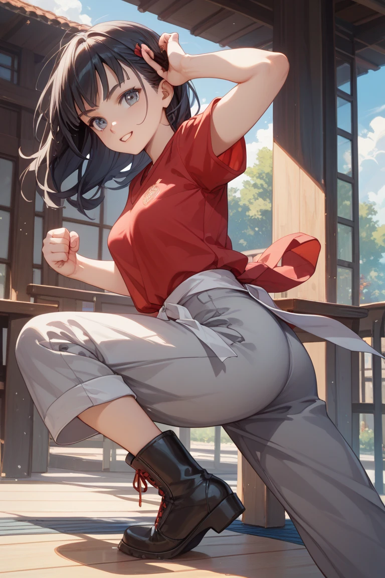 Kaguyasinomiya, Kaguya Shinomiya, folded ponytail, forehead, hair ribbon, (red eyes:1.5), red ribbon, band, Short hair, side locks, (little chest:1.2), gym uniform, Short top, legging, BREAK looks at the viewer, stands with your back to the viewer, seen from behind, ass, shows the, BREAKTHROUGH in the room, Classroom, BREAK (Masterpiece:1.2), Best Quality, High Resolution, Unity 8k壁纸, (illustartion:0.8), (beautiful detail eyes:1.6), extremely detailed face, perfect lighting, extremely detailed CGI, (perfect arms, perfect anatomy),