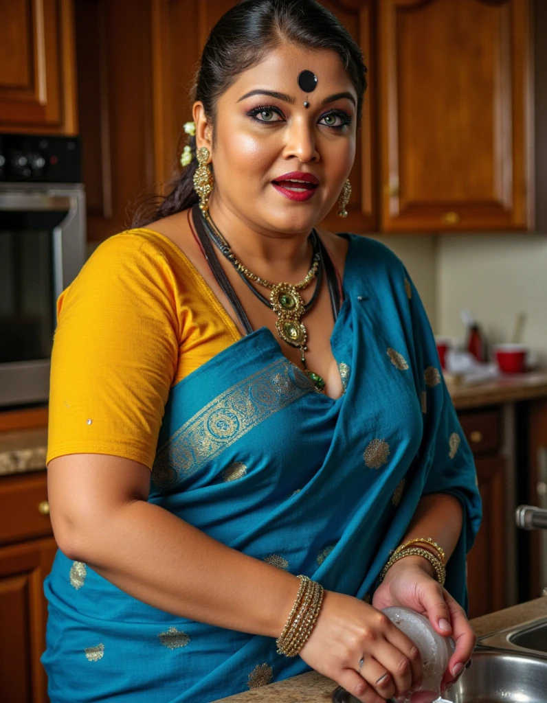 a middle-aged chubby indian desi aunty, wearing a hot sari, working at a bakery, flour on her face, big tits, smiley face, (best quality,4k,8k,highres,masterpiece:1.2),ultra-detailed,(realistic,photorealistic,photo-realistic:1.37),detailed eyes,detailed lips,extremely detailed face,long eyelashes,portrait,warm color tones,soft lighting,vibrant colors
