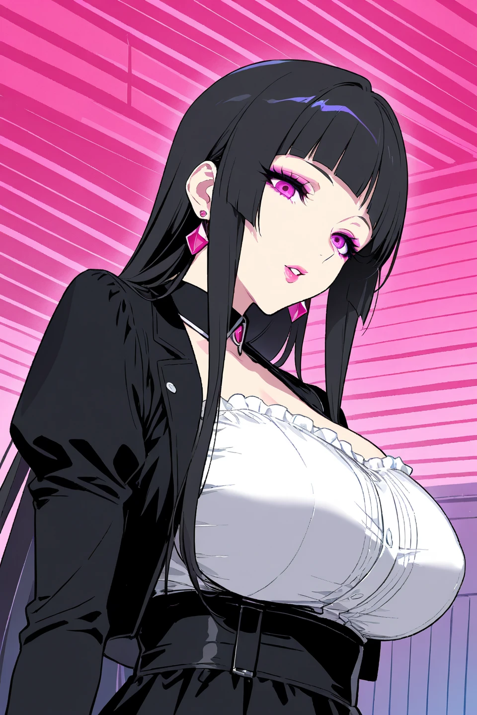 FernDNV, a woman standing outside wearing street clothes, punk style outfit, seductive anime girl, violet eyes, dark purple eyes, beautiful punk anime girl, detailed digital anime art, anime goth girl, extremely detailed eyes, black hair, goth anime girl with black hair, black hair with red highlights, dark red highlights in hair, cleavage, stomach, beautiful anime girl, beautiful alluring anime woman, extremely detailed artgerm, 8k, guweiz, detailed hands, medium length hair with red highlights, hair tied up, detailed face, two arms