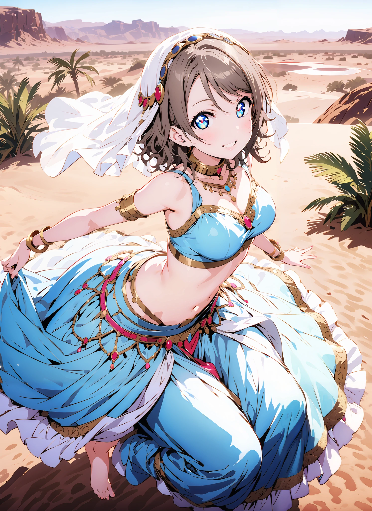 Watanabe, short hair, Hair, blue eyes,Medium breast,smile,cover, grin ,,Harem outfit, White Veil, Arabian clothing, collar , Mousebale, circlet , harem pants, bare feet,gold trim, dancer , dancing,is standing,Palm Trees,Glowing Skin,full bodyがillustrationsに入るように,break outdoors, desert, oasis,
break looking at viewer,full body,
break (masterpiece:1.2), best quality, high resolution, Unity 8k Wallpaper, (illustrations:0.8), (beautiful detailed eyes:1.6), very detailed face, so that it fits into the illustration, extremely detailed CG,(curved body, perfect anatomy),