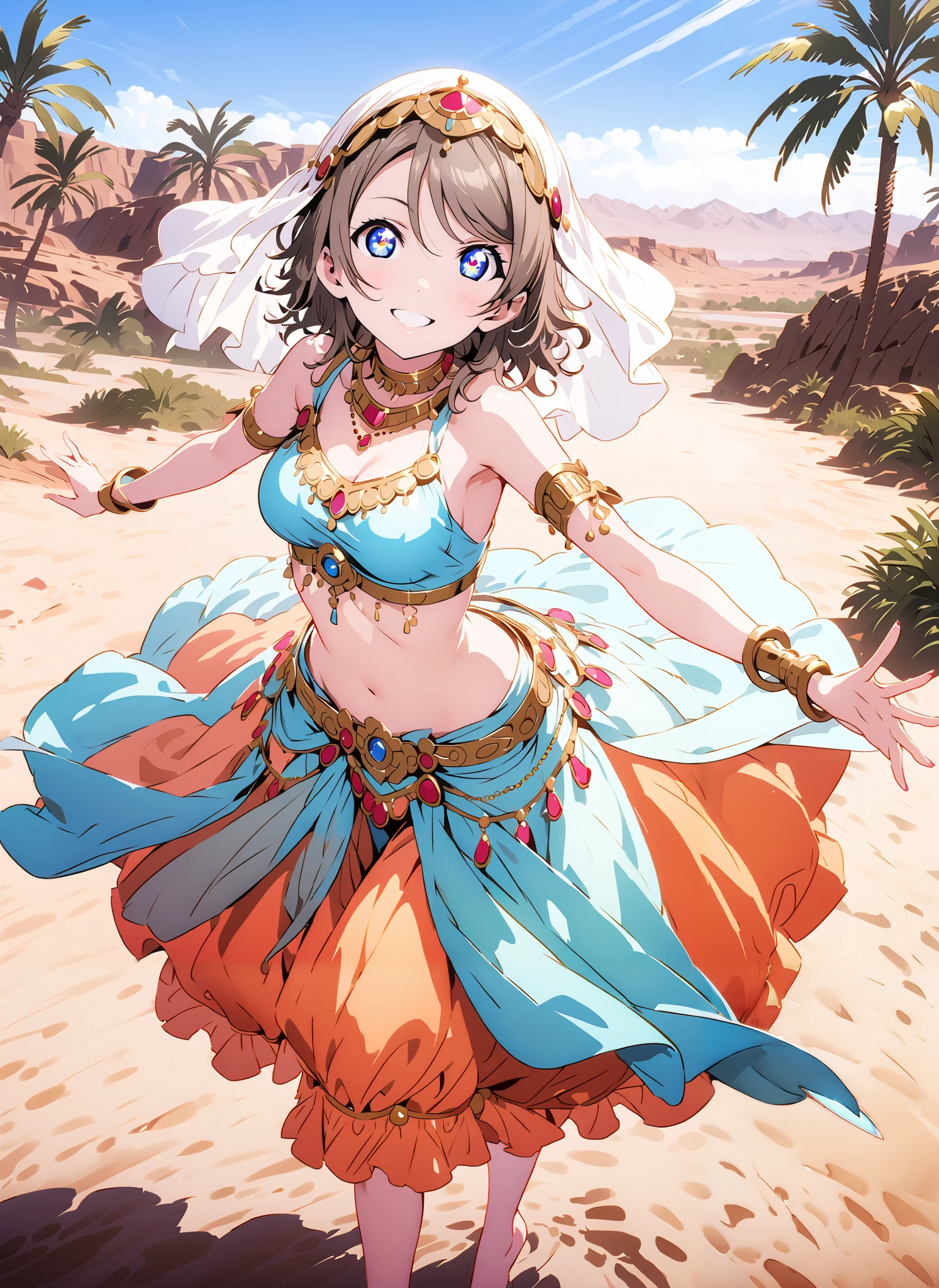 Watanabe, short hair, Hair, blue eyes,Medium breast,smile,cover, grin ,,Harem outfit, White Veil, Arabian clothing, collar , Mousebale, circlet , harem pants, bare feet,gold trim, dancer , dancing,is standing,Palm Trees,Glowing Skin,full bodyがillustrationsに入るように,break outdoors, desert, oasis,
break looking at viewer,full body,
break (masterpiece:1.2), best quality, high resolution, Unity 8k Wallpaper, (illustrations:0.8), (beautiful detailed eyes:1.6), very detailed face, so that it fits into the illustration, extremely detailed CG,(curved body, perfect anatomy),
