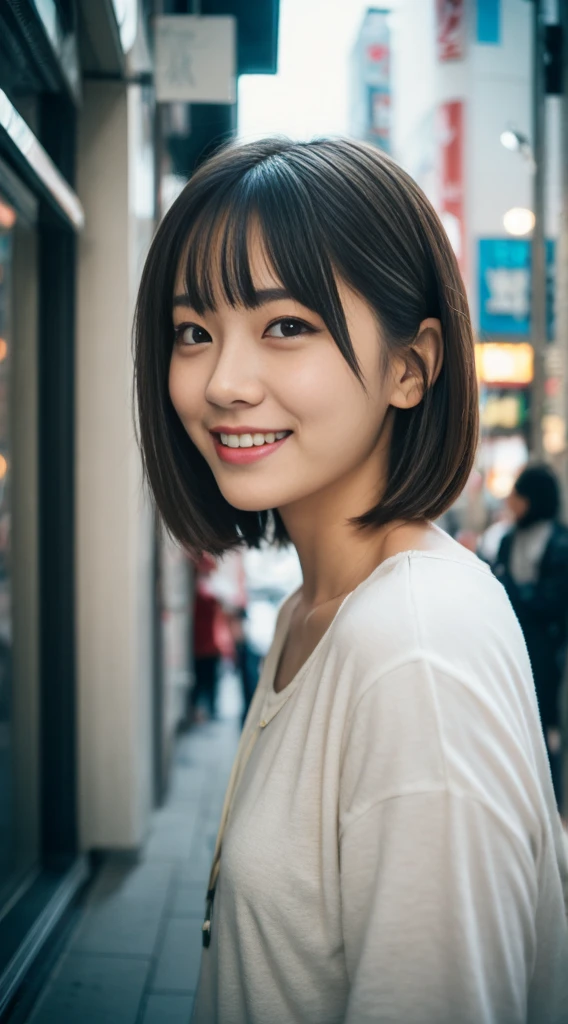 Tokyo revengers screencap of a female Short shoulder-length black hair in front of her hair down to her cheek, round pink, with big lips, and black doe eyes, smiling, Greek nose, wearing a loose button-up shirt. Liden films Graphics