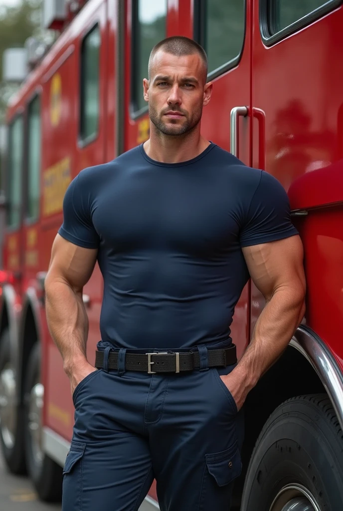 chris evans as a firefighter but shirtless massive bulge, is sweating very much