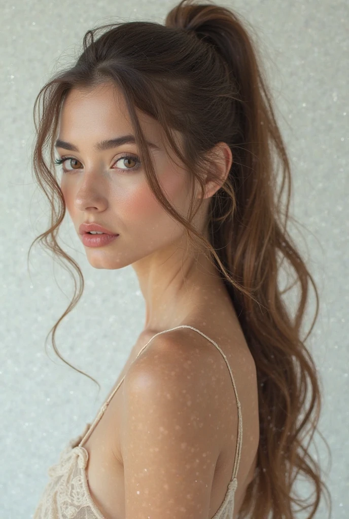 Brown haired girl in tits with hair tied