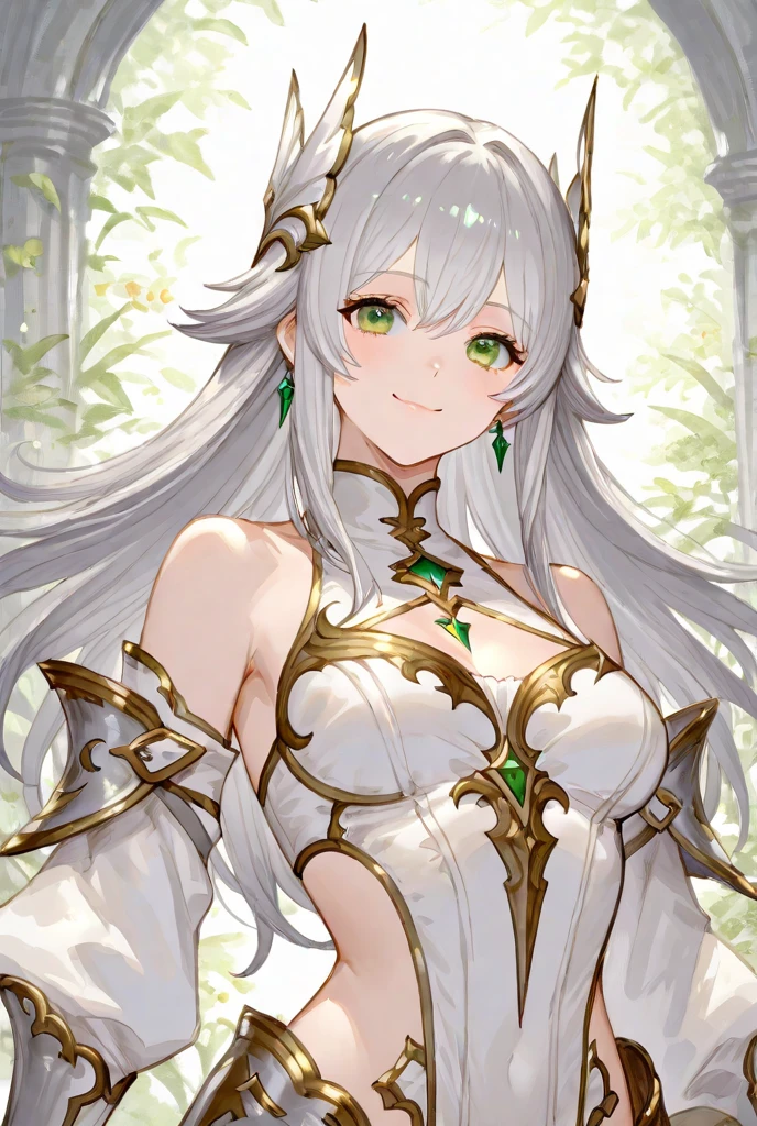 （8K，Best quality，style of anime）Silver-haired female knight，Green emerald pupils，Delicate facial features，The drawing style is similar to that of characters in anime，Full body like，with a pure white background，Character design，quadratic element，Include a small amount of introductory text，Three views of people