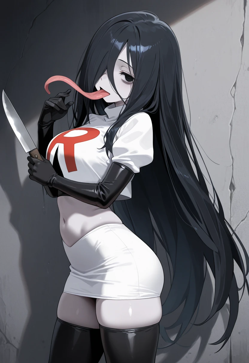 simple background, monochrome, horror (theme) there is a broken picture, black paint splatted, red blood splatted, smoked, red blood (((anime girl character))), big boobies, wearing a mask